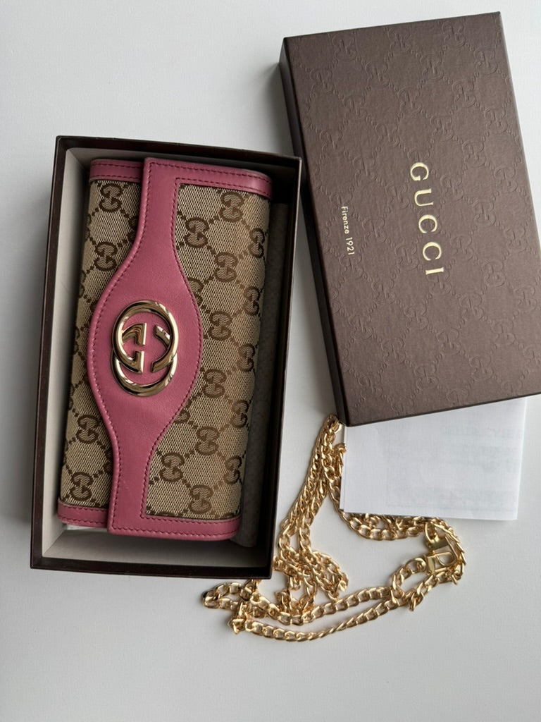 Gucci - Monogram - Pink - Long Wallet - Nylon - w/ comp, chain. Full Set & COA