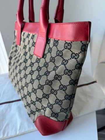 GUCCI - Tote Bag Handbag GG nvas Leather Red Gray