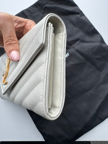 YSL - White - Leather - Long Wallet w/ comp chain. Dust Bag & COA