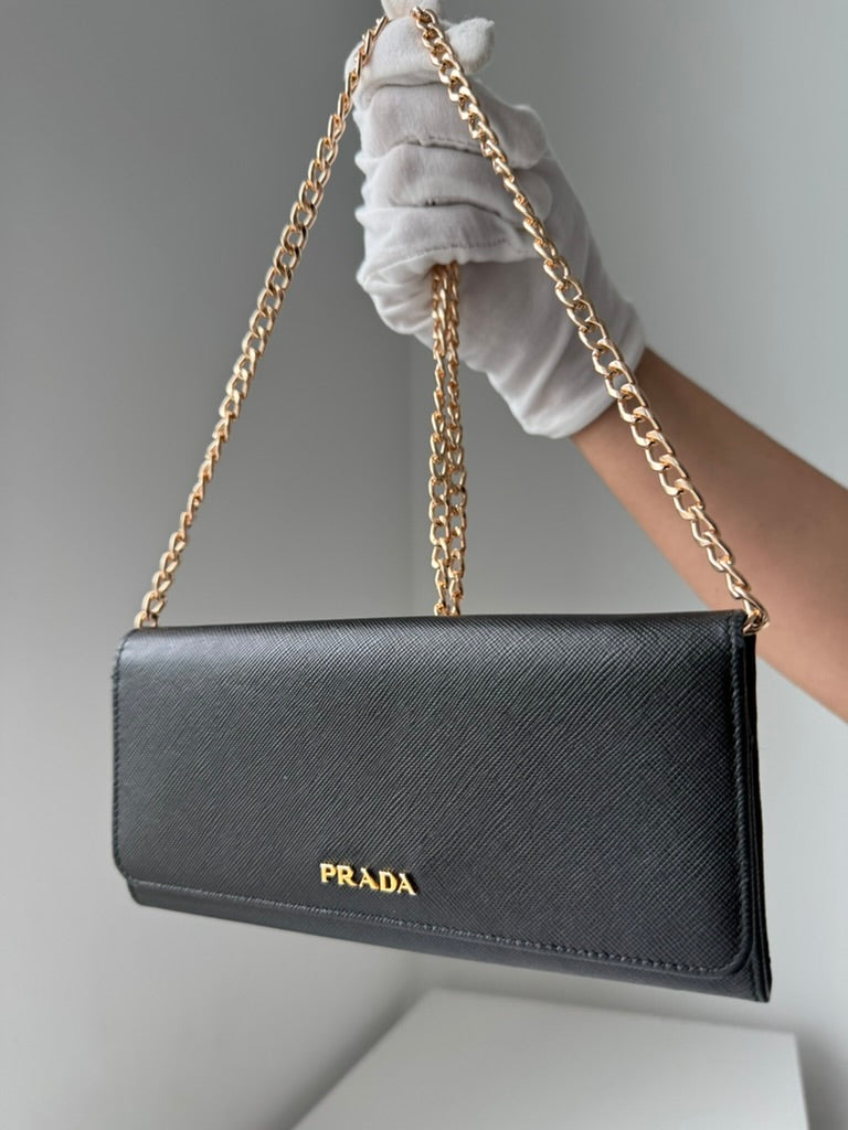 Prada - Black leather Long wallet w/ comp, chain