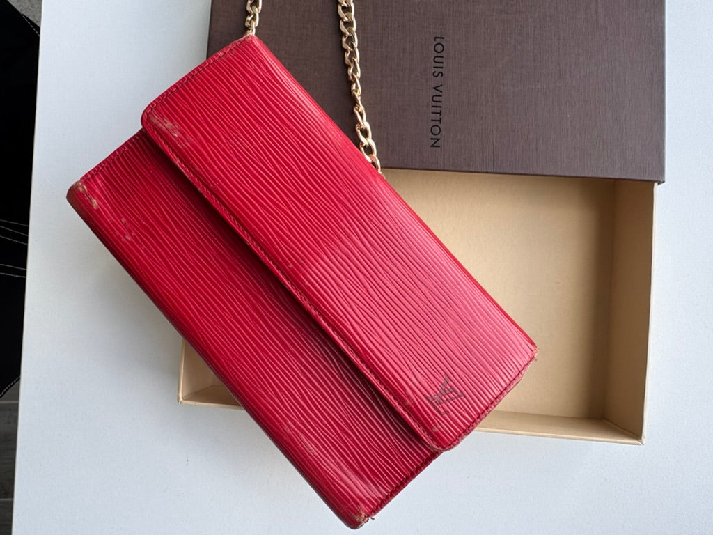 Louis Vuitton -  EPI Red Leather Trifold Long Wallet w/ comp, Chain