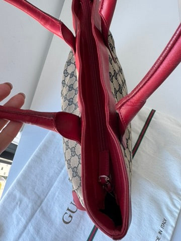 GUCCI - Tote Bag Handbag GG nvas Leather Red Gray