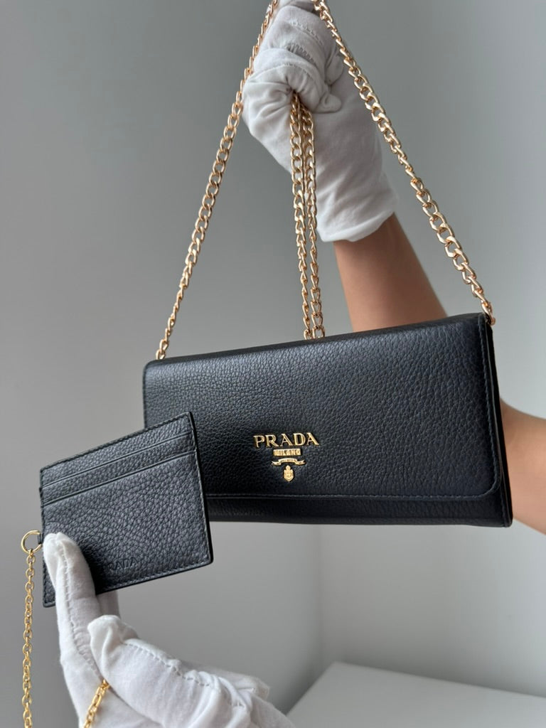 Prada - Black leather - Long wallet and mini holder - Full Set, w/ comp, chain