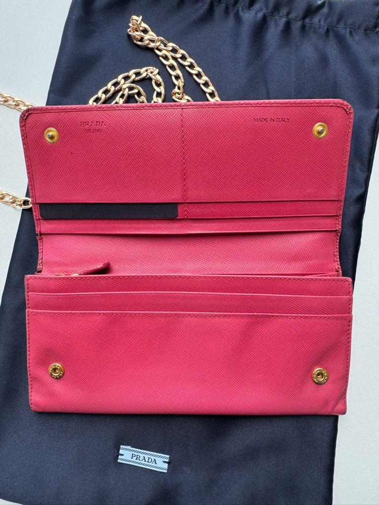 Prada - Saffiano Metal Pink Leather Long Wallet w/ comp, Chain