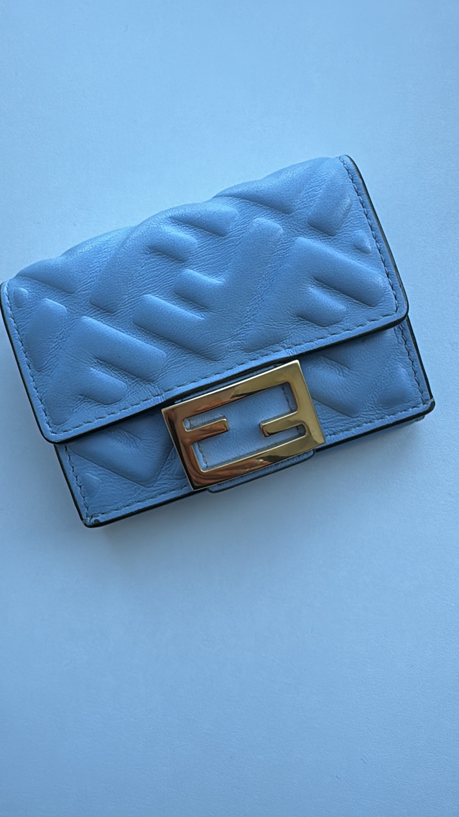 Fendi Baguette Micro Tri-Fold Wallet Baby-Blue Nappa Leather FF Quilted Logo