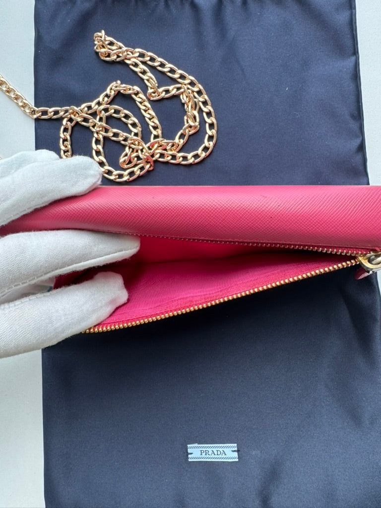 Prada - Saffiano Metal Pink Leather Long Wallet w/ comp, Chain