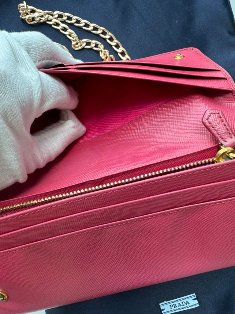 Prada - Saffiano Metal Pink Leather Long Wallet w/ comp, Chain