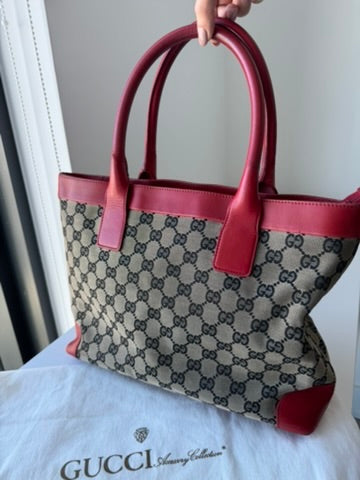 GUCCI - Tote Bag Handbag GG nvas Leather Red Gray