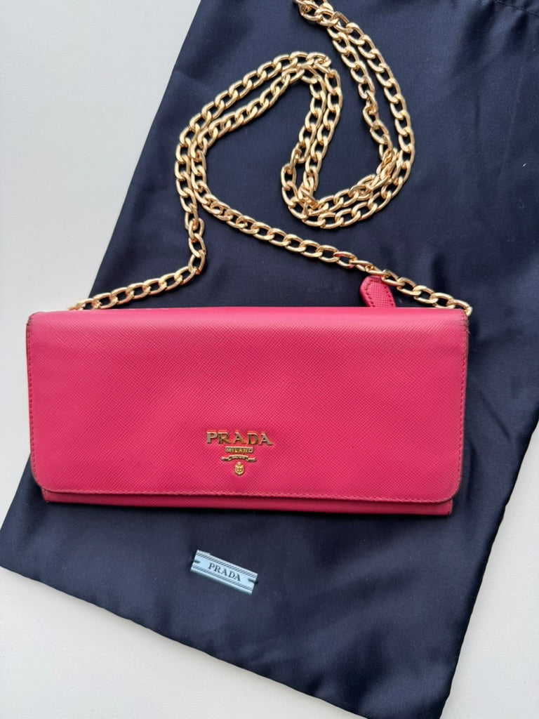 Prada - Saffiano Metal Pink Leather Long Wallet w/ comp, Chain