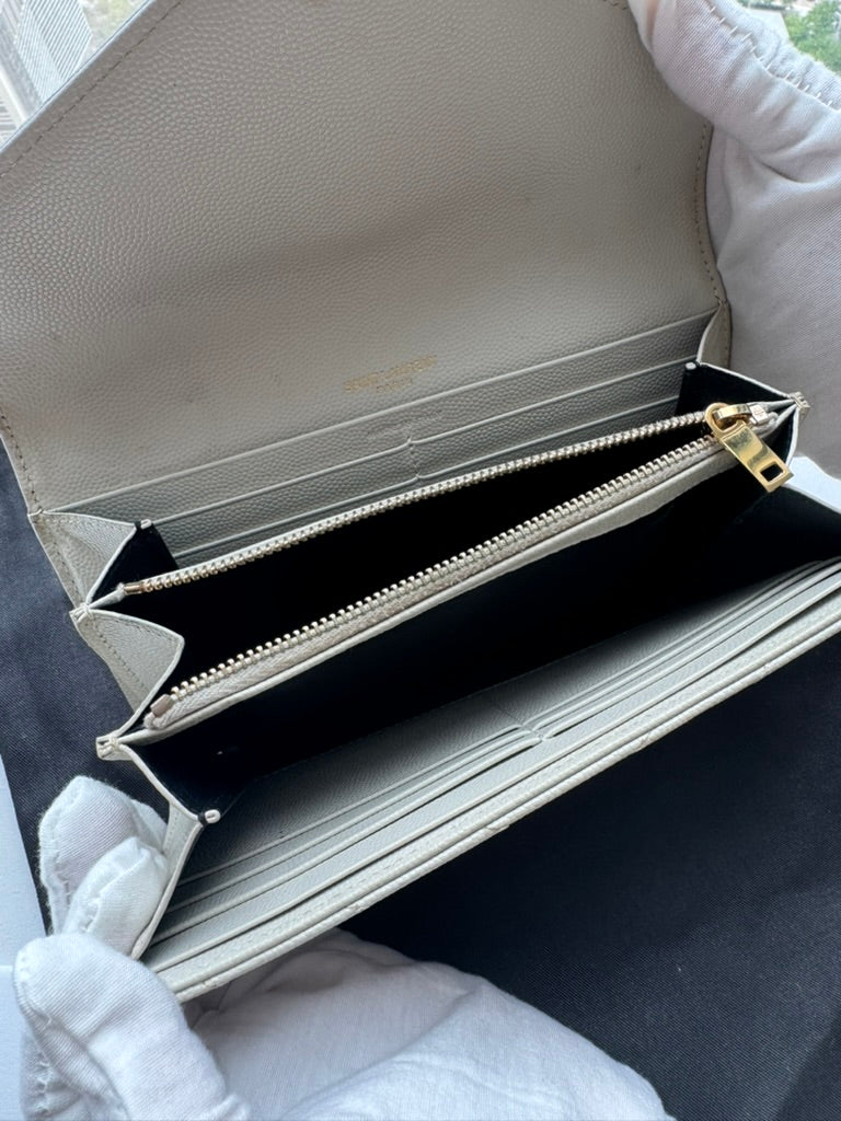 YSL - White - Leather - Long Wallet w/ comp chain. Dust Bag & COA