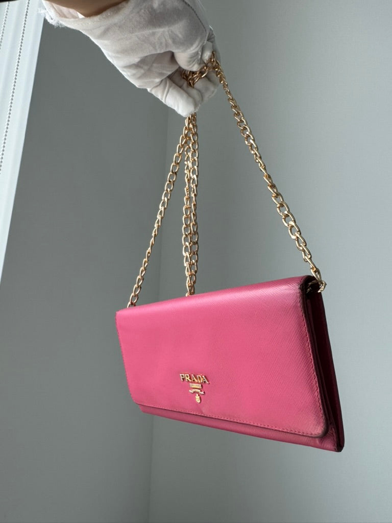 Prada - Saffiano Metal Pink Leather Long Wallet w/ comp, Chain