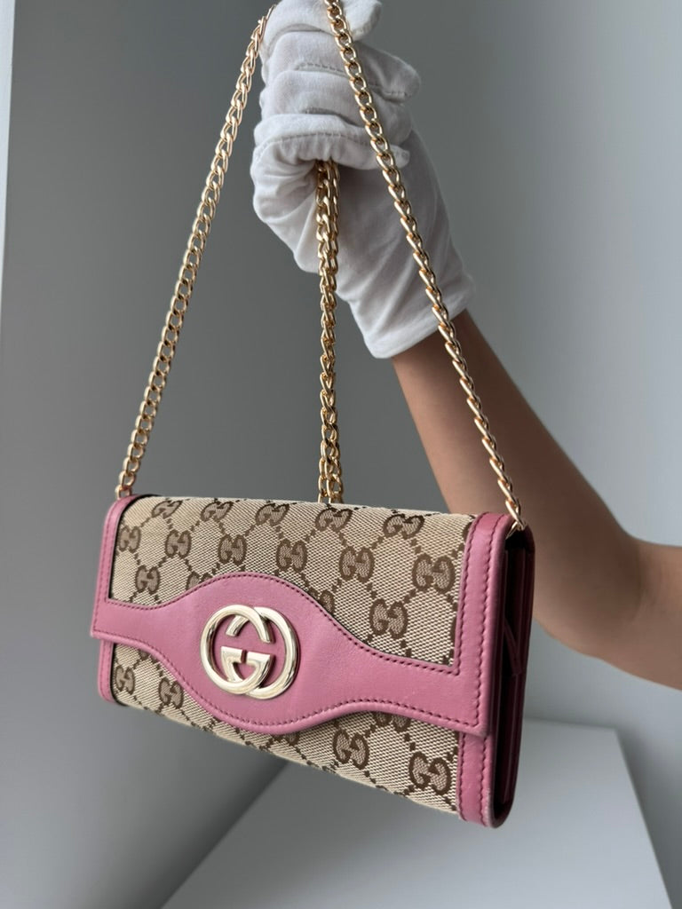 Gucci - Monogram - Pink - Long Wallet  - Nylon - w/ comp, chain. Full Set & COA