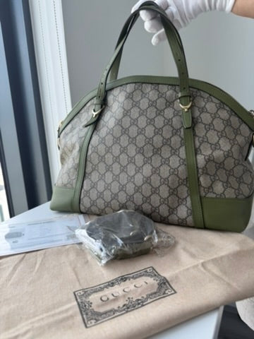 Gucci - Large - Joy Boston Bag Beige GG Canvas with Olive Green Leather Trim