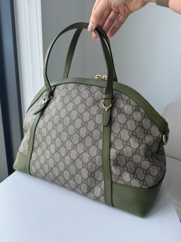 Gucci - Large - Joy Boston Bag Beige GG Canvas with Olive Green Leather Trim