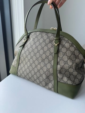 Gucci - Large - Joy Boston Bag Beige GG Canvas with Olive Green Leather Trim