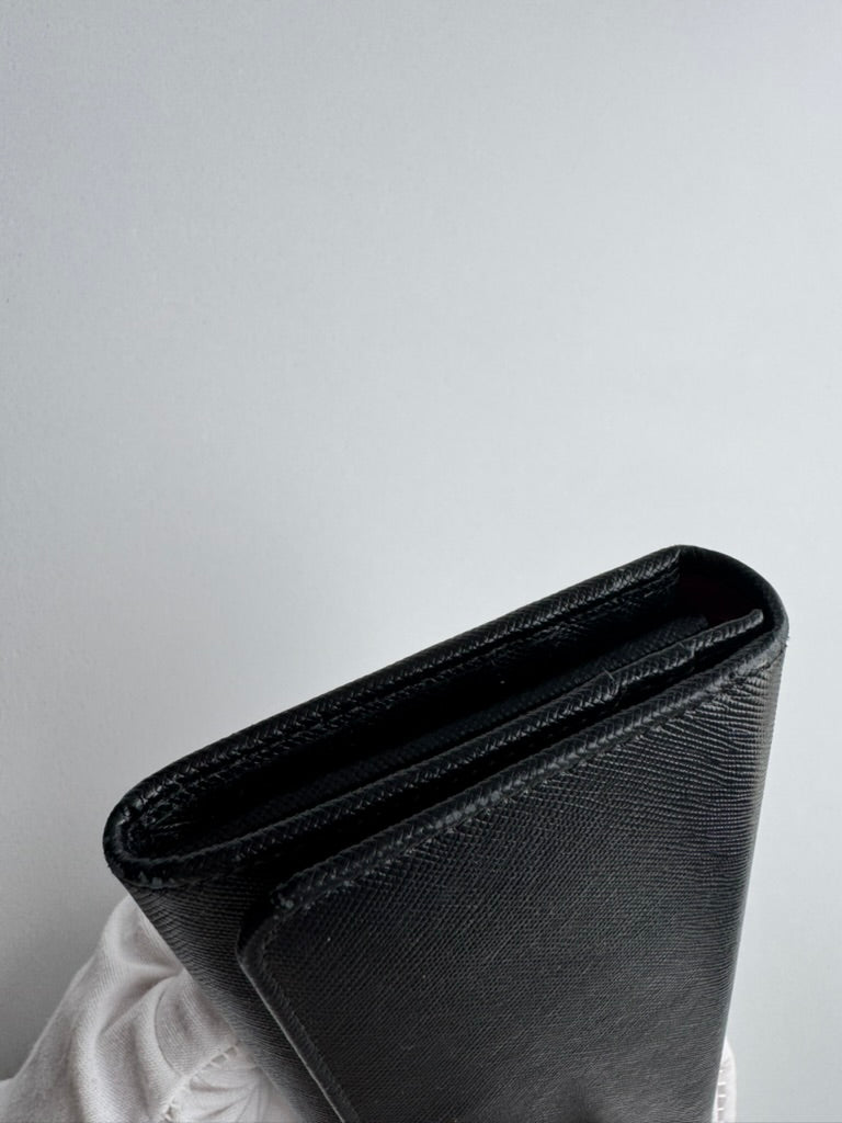 Prada - Black leather Long wallet w/ comp, chain