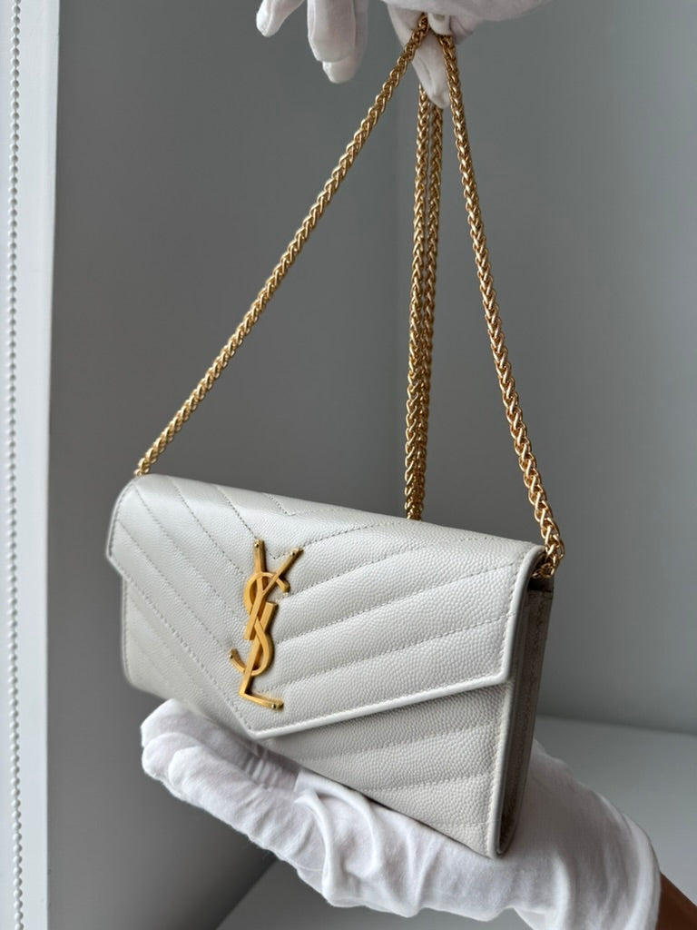 YSL - White - Leather - Long Wallet w/ comp chain. Dust Bag & COA