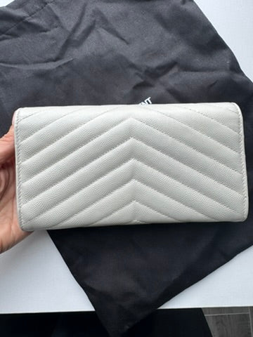 YSL - White - Leather - Long Wallet w/ comp chain. Dust Bag & COA