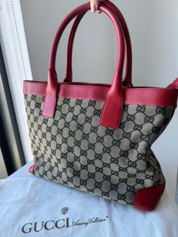 GUCCI - Tote Bag Handbag GG nvas Leather Red Gray