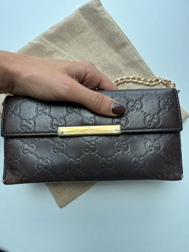 Gucci - Monogram Chocolate Leather Long Wallet w/ comp. Chain