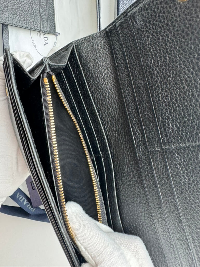 Prada - Black leather - Long wallet and mini holder - Full Set, w/ comp, chain
