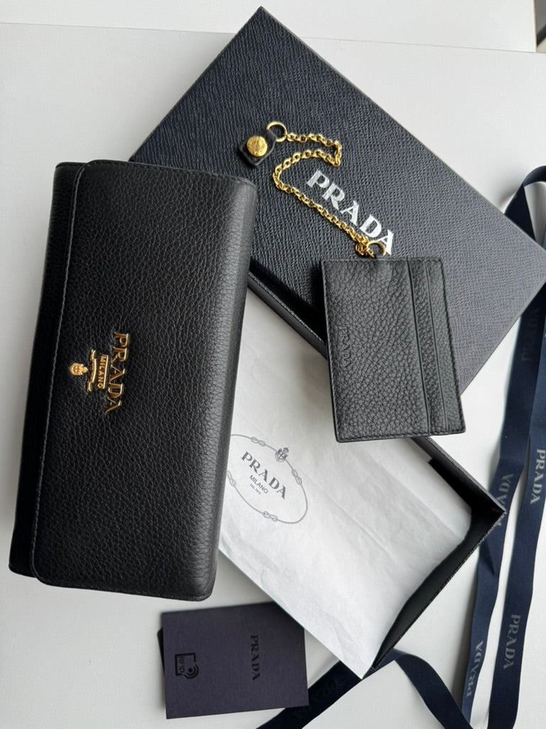 Prada - Black leather - Long wallet and mini holder - Full Set, w/ comp, chain