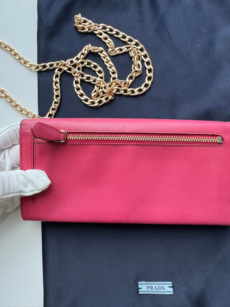 Prada - Saffiano Metal Pink Leather Long Wallet w/ comp, Chain
