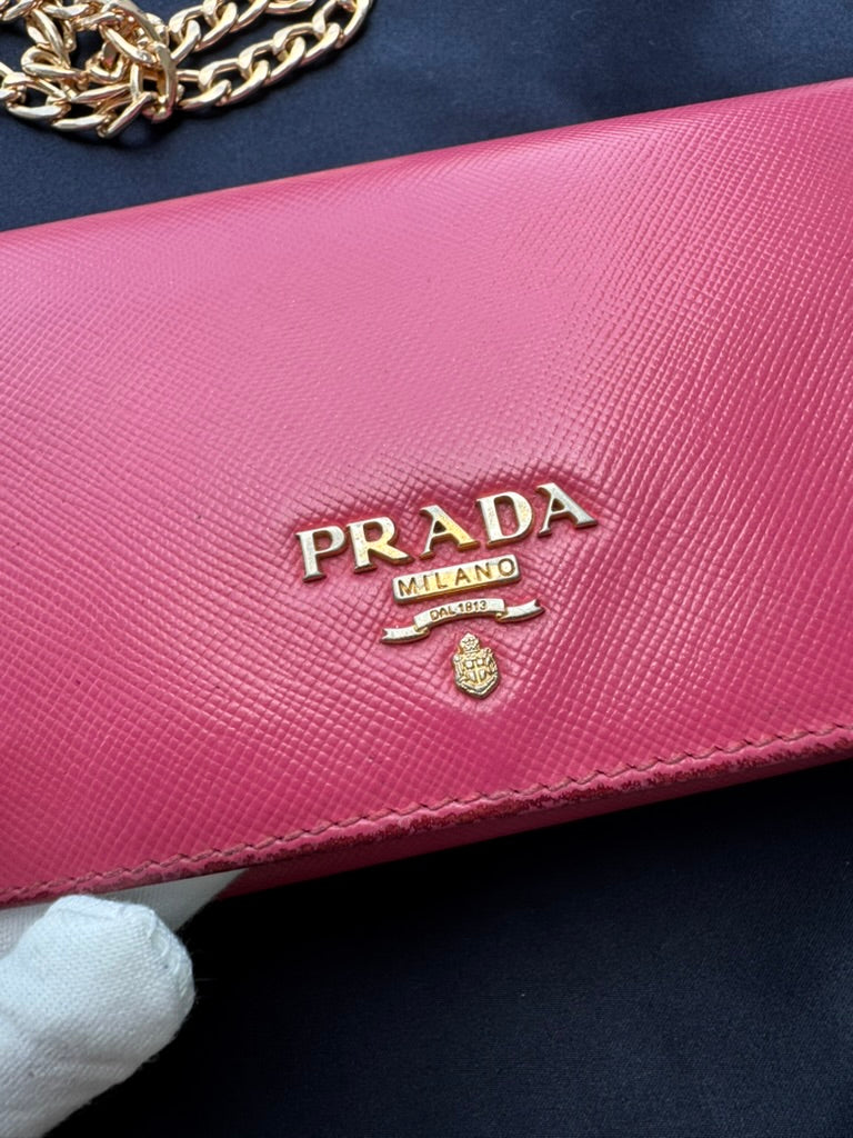 Prada - Saffiano Metal Pink Leather Long Wallet w/ comp, Chain