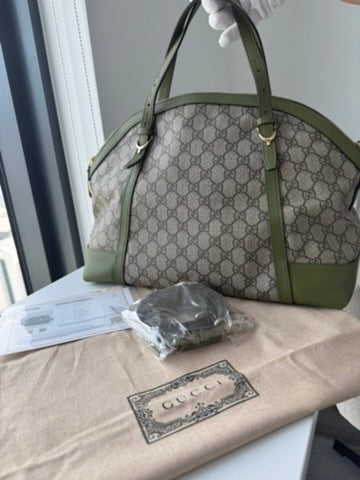 Gucci - Large - Joy Boston Bag Beige GG Canvas with Olive Green Leather Trim
