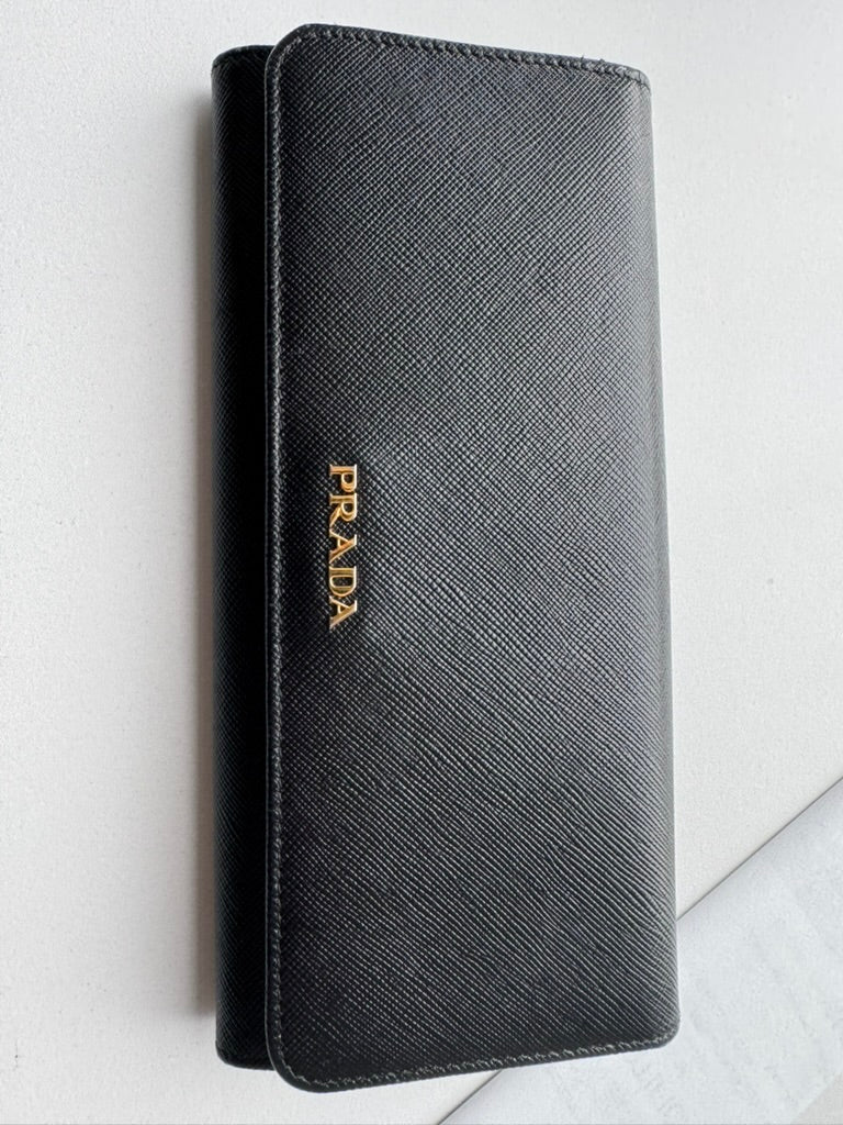 Prada - Black leather Long wallet w/ comp, chain