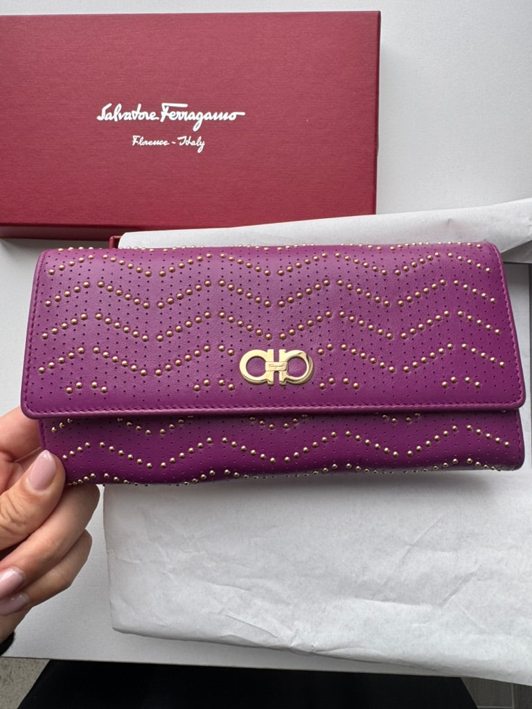 Salvatore Ferragamo - purple leather Long wallet w/comp, chain