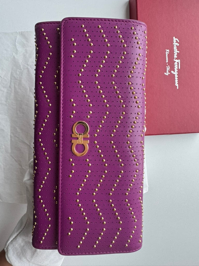 Salvatore Ferragamo - purple leather Long wallet w/comp, chain