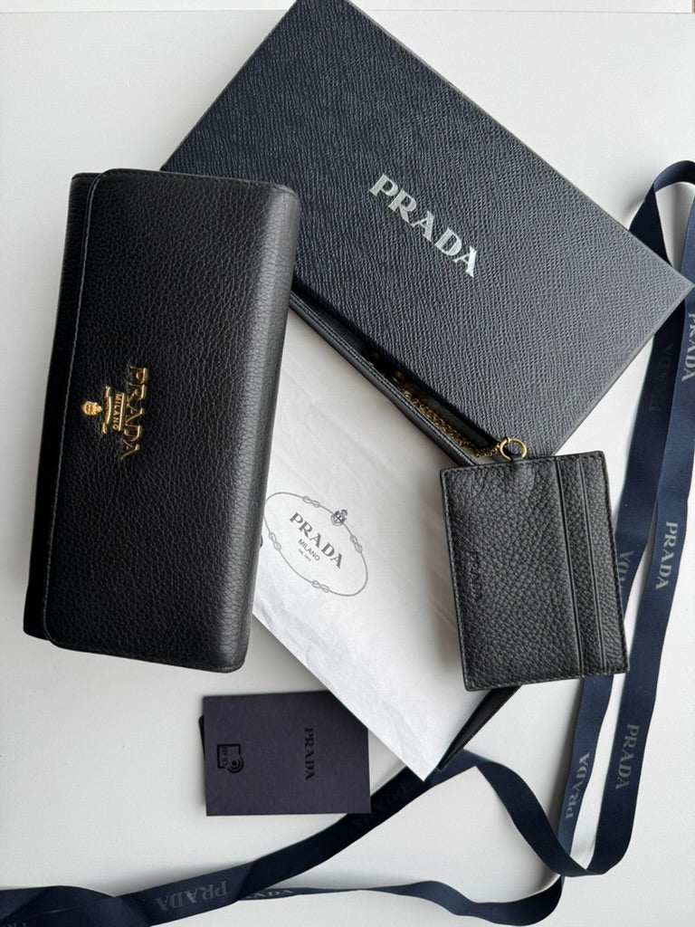 Prada - Black leather - Long wallet and mini holder - Full Set, w/ comp, chain