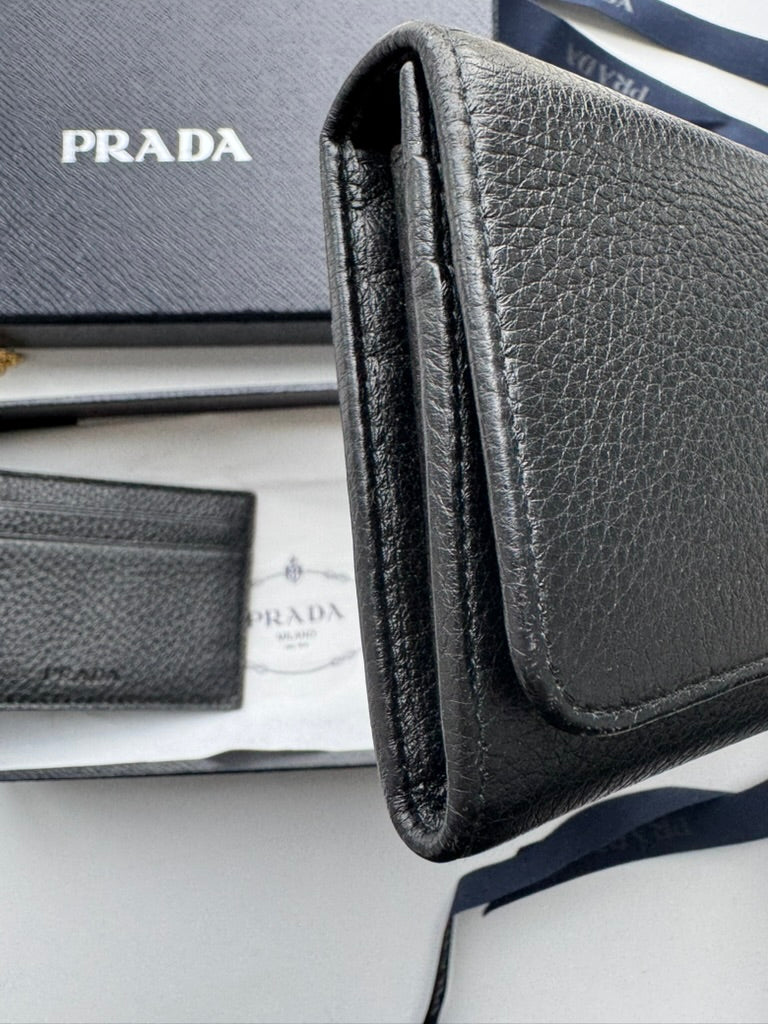 Prada - Black leather - Long wallet and mini holder - Full Set, w/ comp, chain