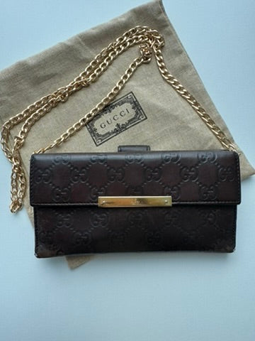 Gucci - Monogram Chocolate Leather Long Wallet w/ comp. Chain