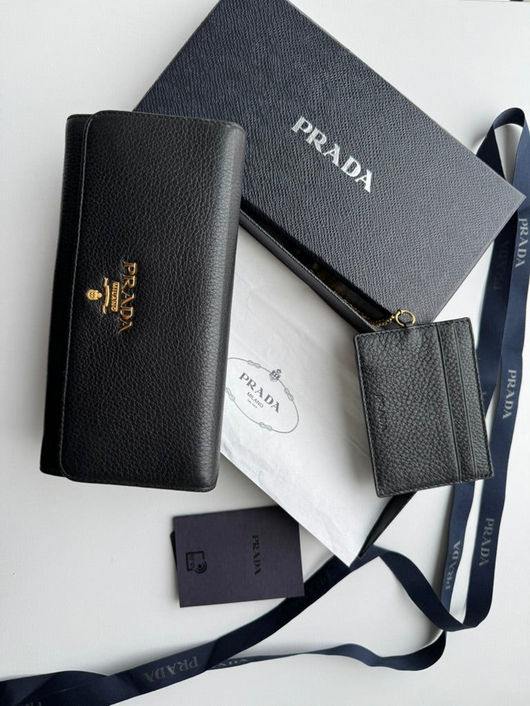 Prada - Black leather - Long wallet and mini holder - Full Set, w/ comp, chain
