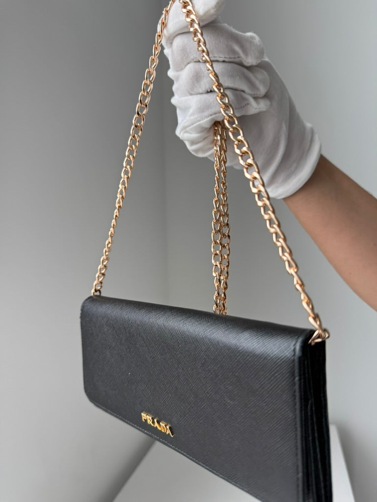 Prada - Black leather Long wallet w/ comp, chain