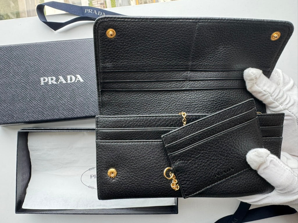 Prada - Black leather - Long wallet and mini holder - Full Set, w/ comp, chain