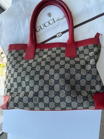 GUCCI - Tote Bag Handbag GG nvas Leather Red Gray