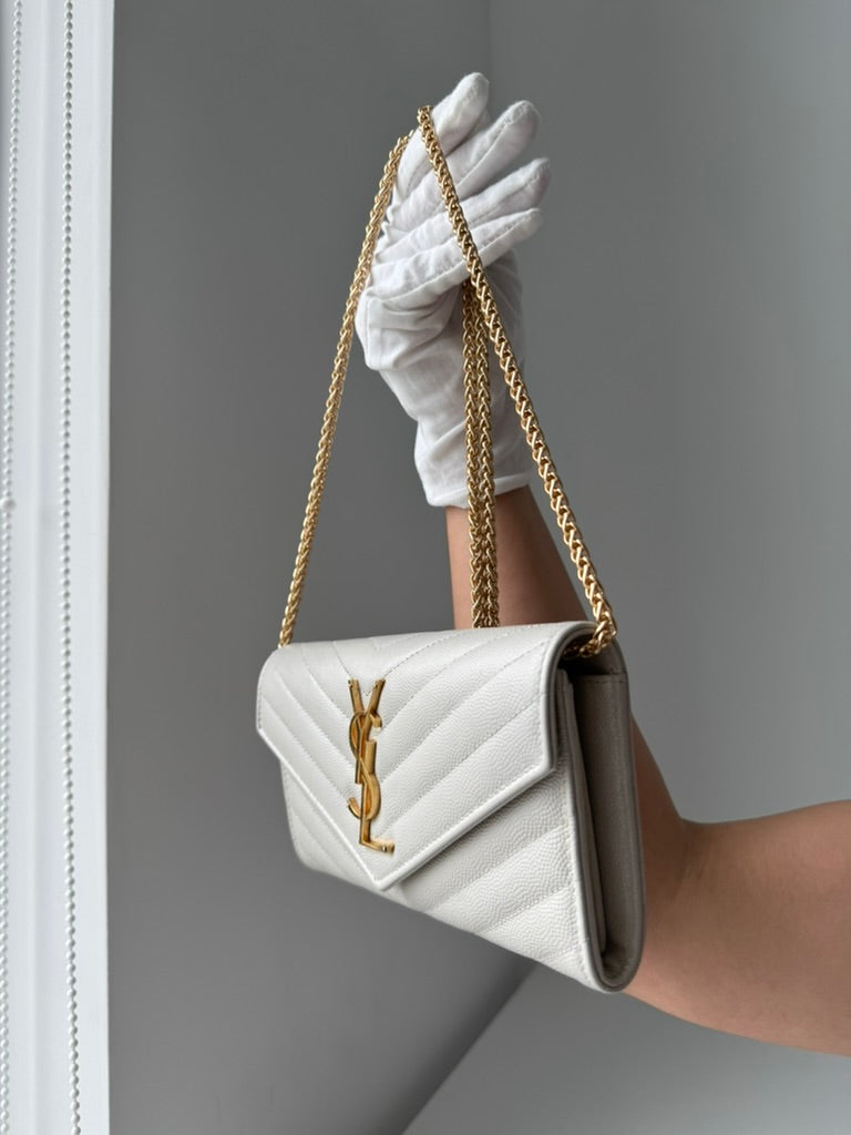 YSL - White - Leather - Long Wallet w/ comp chain. Dust Bag & COA