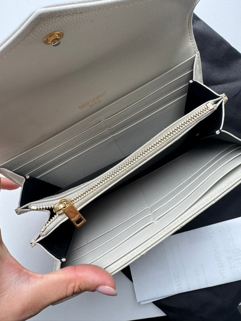 YSL - White - Leather - Long Wallet w/ comp chain. Dust Bag & COA
