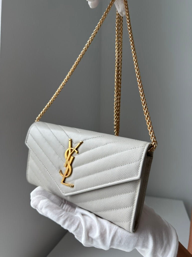 YSL - White - Leather - Long Wallet w/ comp chain. Dust Bag & COA