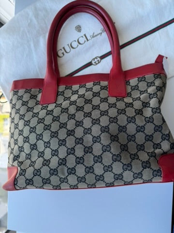 GUCCI - Tote Bag Handbag GG nvas Leather Red Gray