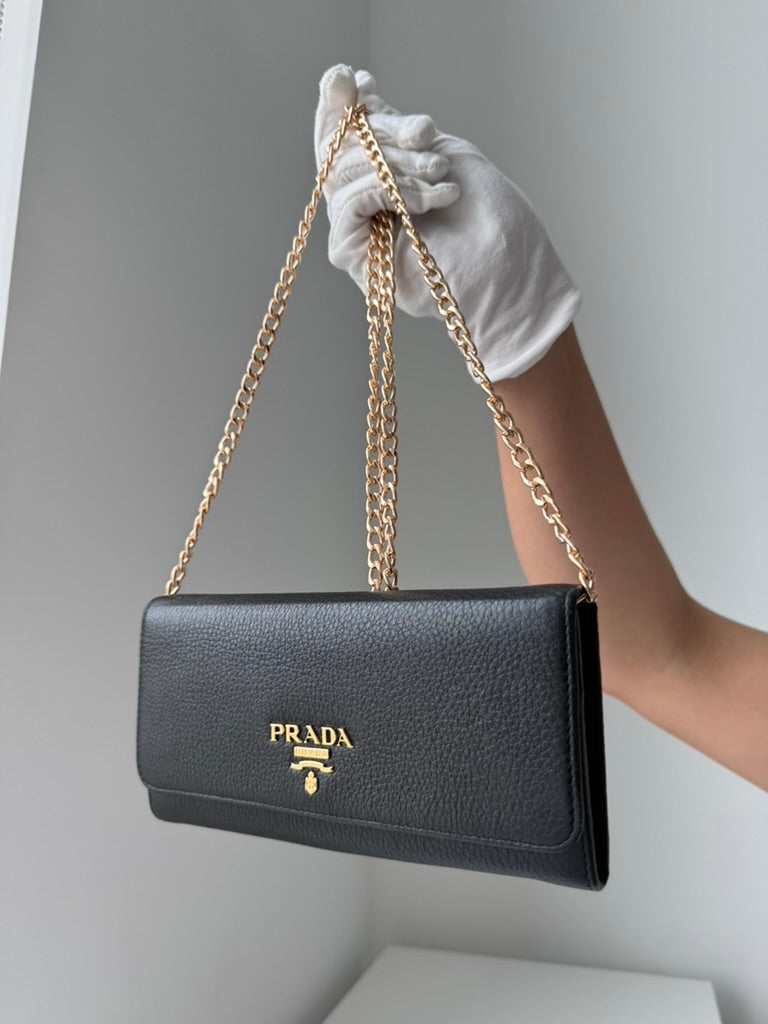 Prada - Black leather - Long wallet and mini holder - Full Set, w/ comp, chain
