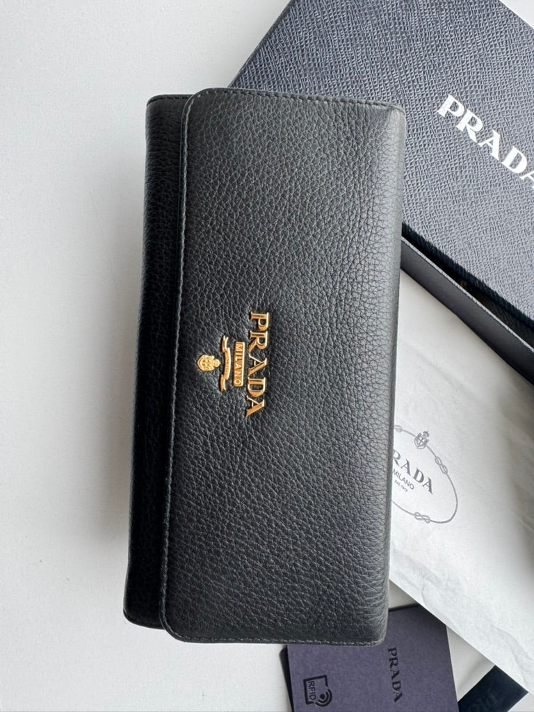 Prada - Black leather - Long wallet and mini holder - Full Set, w/ comp, chain