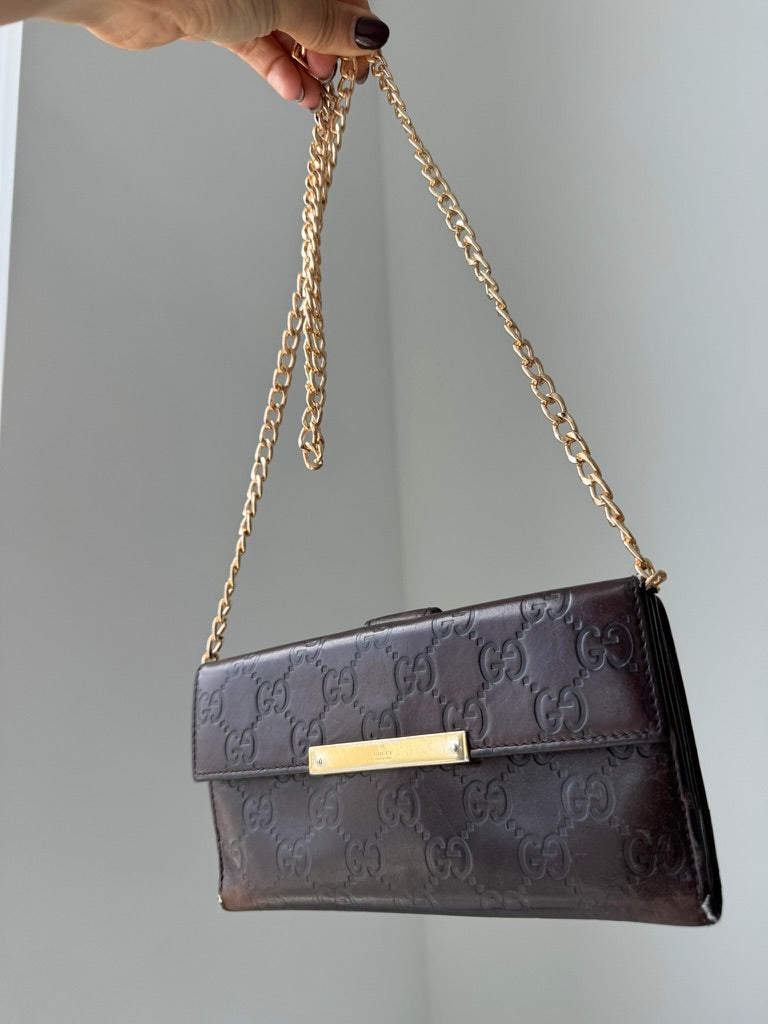 Gucci - Monogram Chocolate Leather Long Wallet w/ comp. Chain
