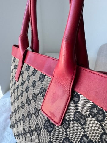 GUCCI - Tote Bag Handbag GG nvas Leather Red Gray