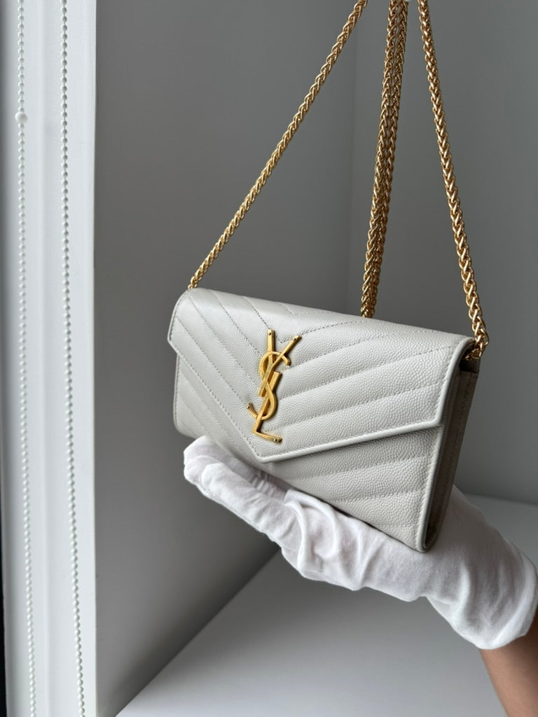 YSL - White - Leather - Long Wallet w/ comp chain. Dust Bag & COA