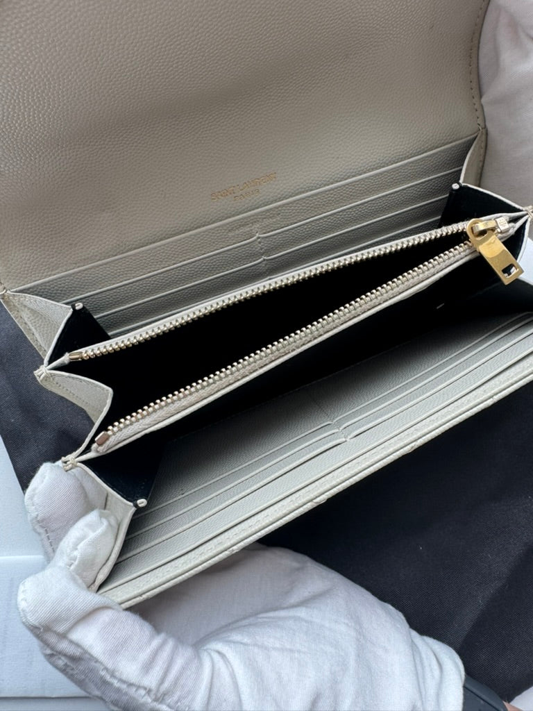 YSL - White - Leather - Long Wallet w/ comp chain. Dust Bag & COA