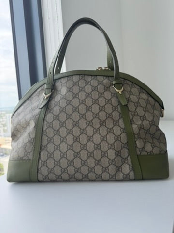 Gucci - Large - Joy Boston Bag Beige GG Canvas with Olive Green Leather Trim